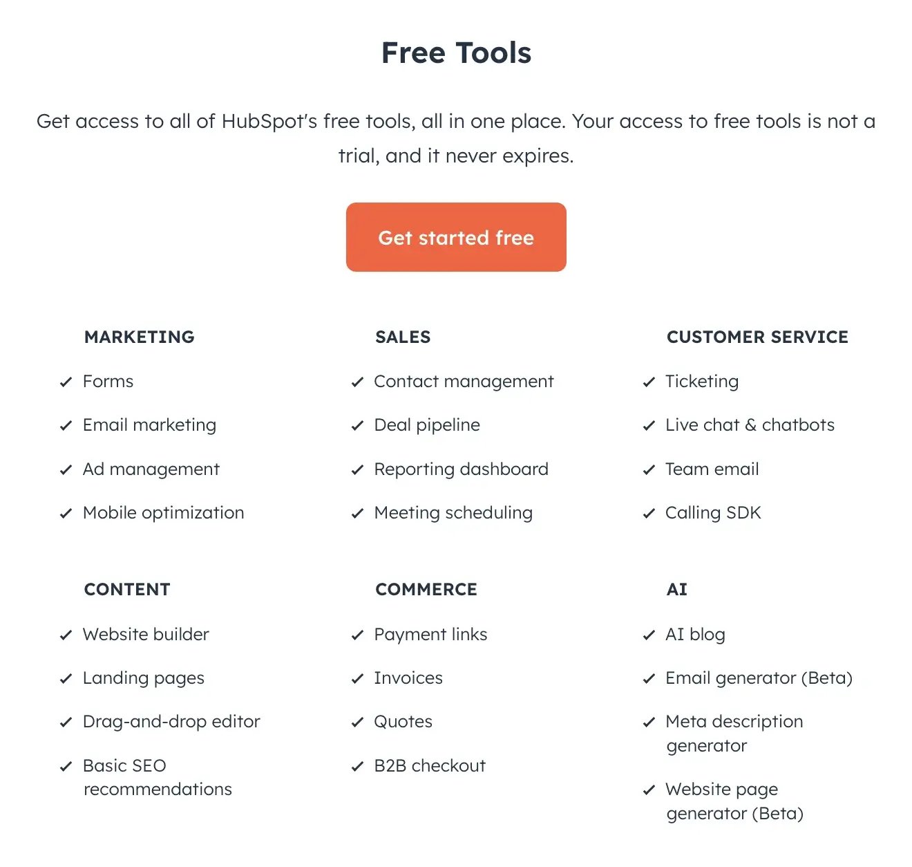 whats included in the hubspot free tools